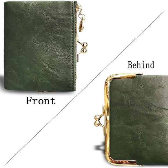 Women's RFID Leather Wallet Compact Bifold Coin Purse with Zipper Kiss Lock - Picture 4 of 7